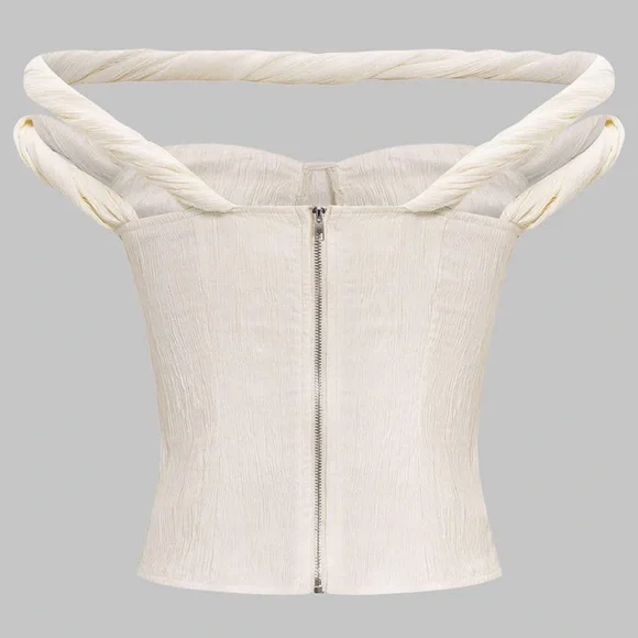 Twist-Shoulder Cream Strapless Crop Top - Picture 2 of 4